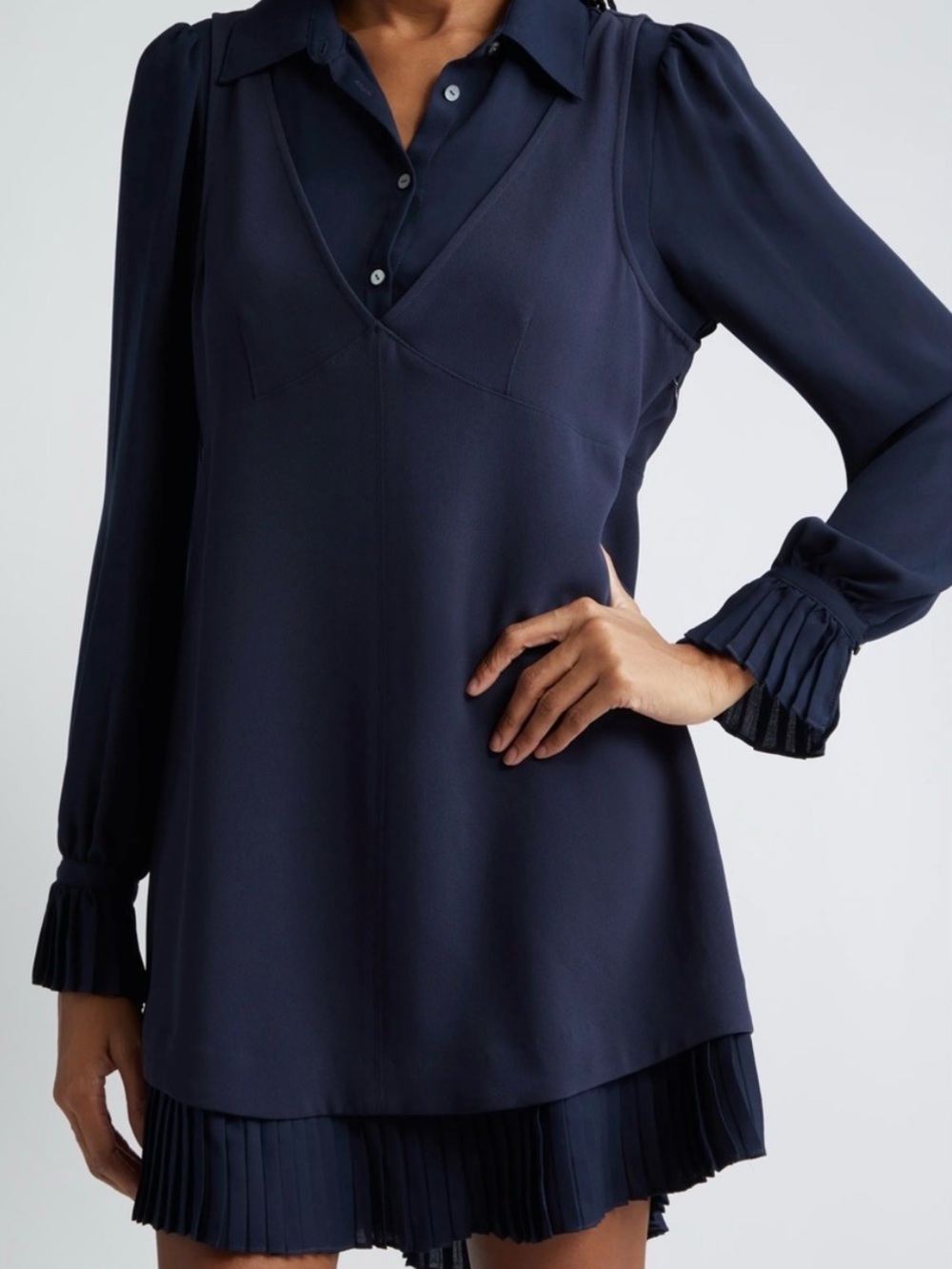 Cinq a Sept Navy Long-Sleeve Layered Pleated Mini Dress